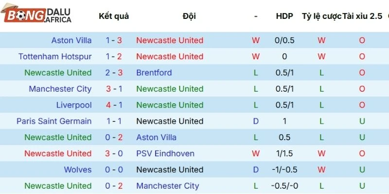 Thành tích các trận tranh tài gần đây của Newcastle